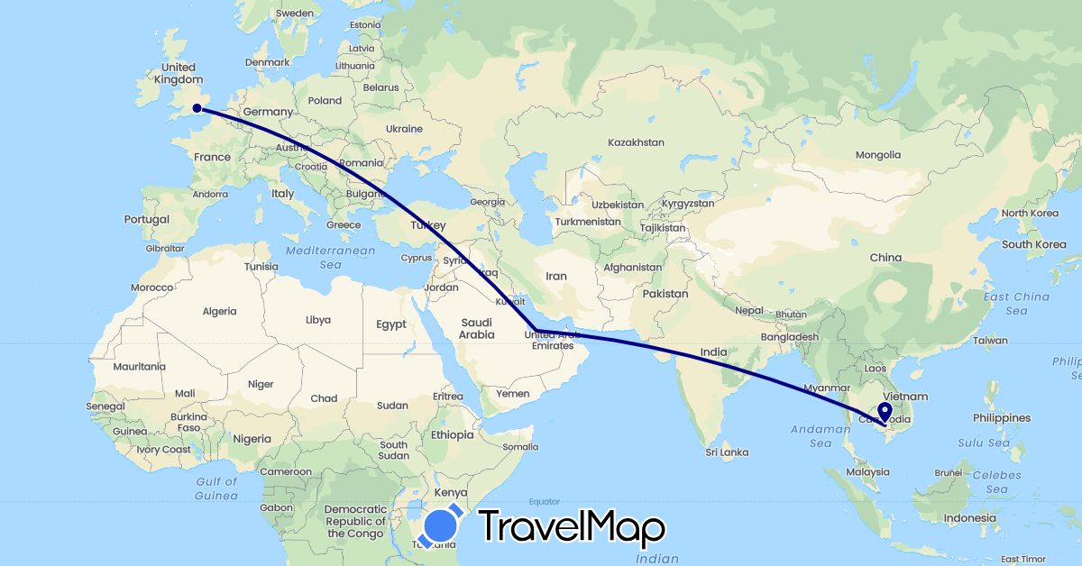 TravelMap itinerary: driving in United Kingdom, Cambodia, Qatar, Thailand (Asia, Europe)